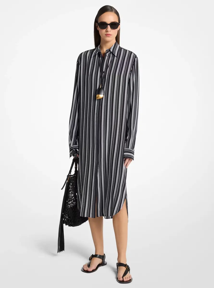 Michael Kors Collection Striped Silk Crepe De Chine Shirtdress in Black | Thumbnail 3 Michael Kors Collection Striped Silk Crepe De Chine Shirtdress in Black | Thumbnail 3