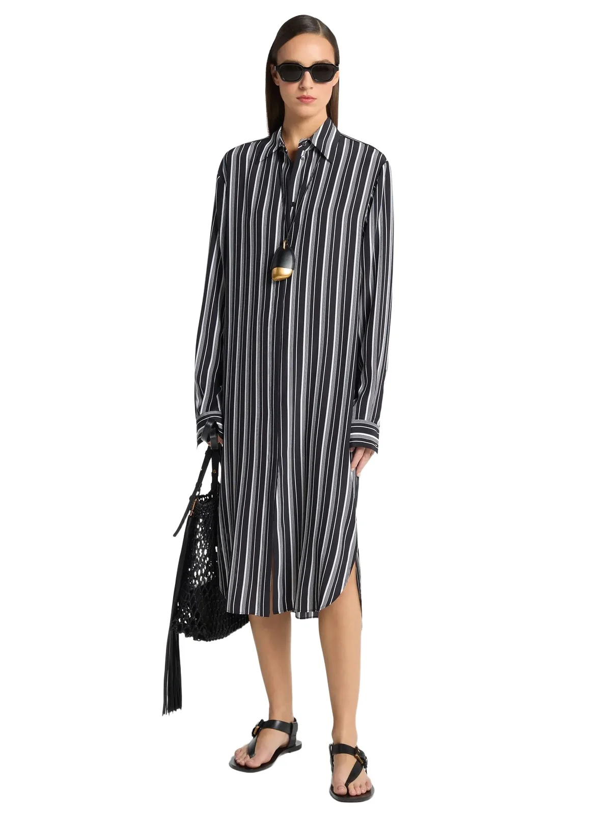 Striped Silk Crepe De Chine Shirtdress in Black
