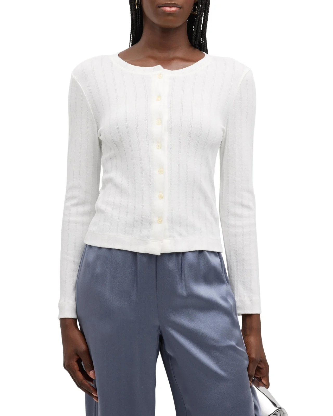 Pointelle Classic Crewneck Cardigan Pointelle Classic Crewneck Cardigan