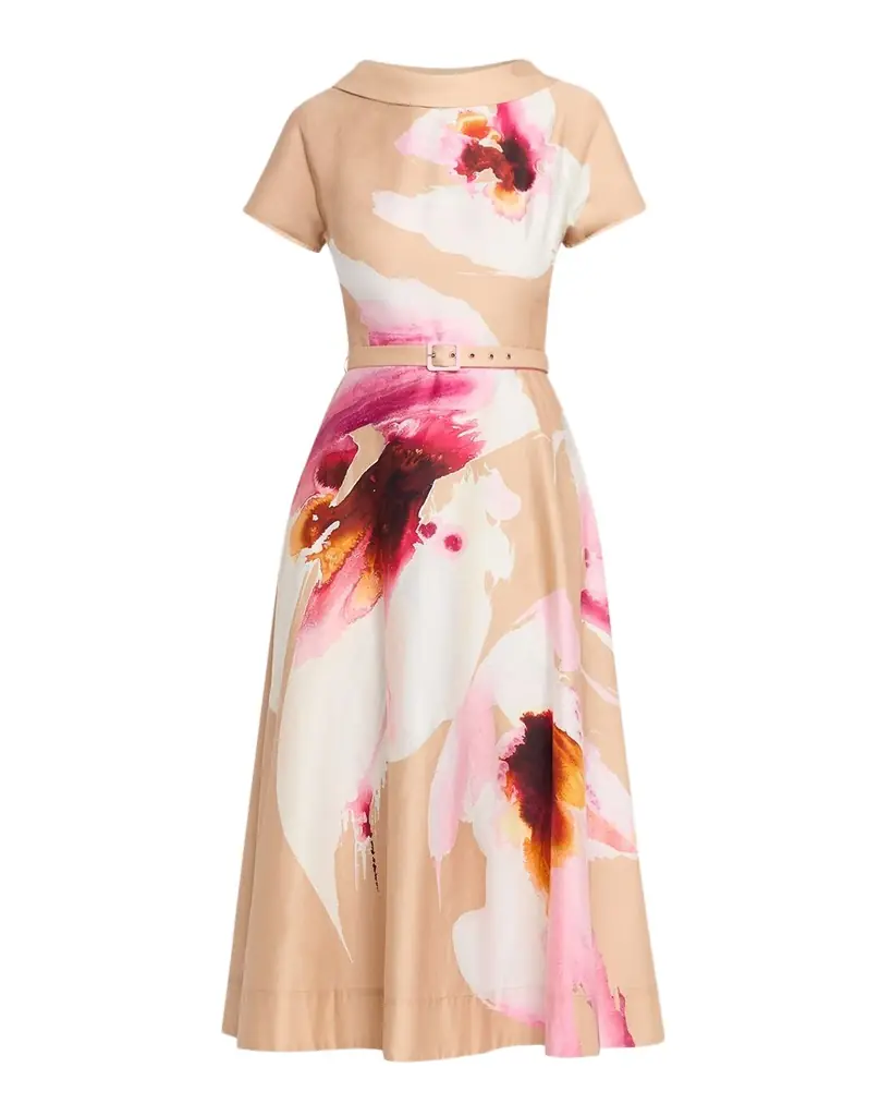 Rickie Freeman for Teri Jon Large Bloom Belted Cotton Midi Dress | Image 1 Rickie Freeman for Teri Jon Large Bloom Belted Cotton Midi Dress | Image 1