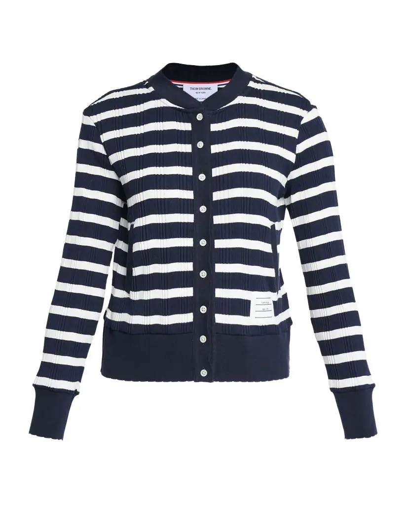 Thom Browne Striped Cotton Rib Crewneck Cardigan | Image 1 Thom Browne Striped Cotton Rib Crewneck Cardigan | Image 1