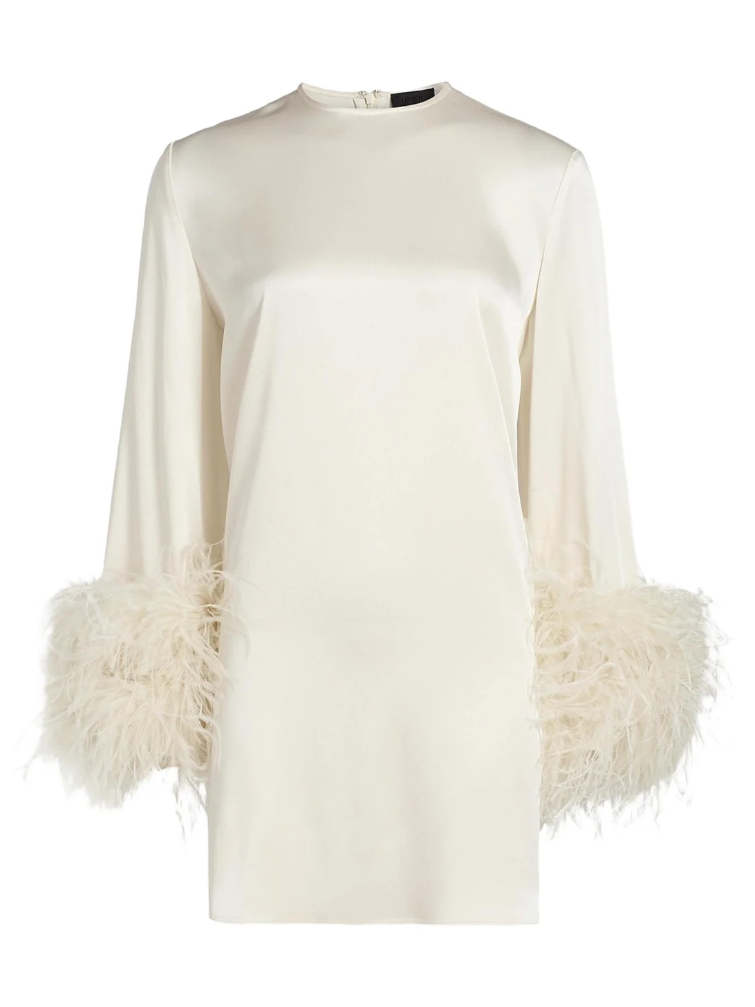 Feather-Embellished Long-Sleeve Satin Mini Shift Dress Feather-Embellished Long-Sleeve Satin Mini Shift Dress