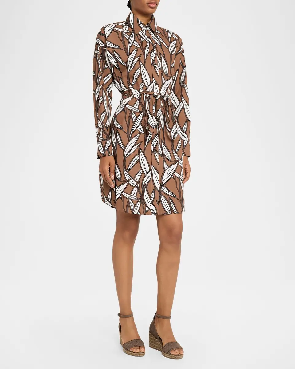 Brunello Cucinelli Collared Long-Sleeve Leaf-Print Cotton Dress | Thumbnail 4 Brunello Cucinelli Collared Long-Sleeve Leaf-Print Cotton Dress | Thumbnail 4