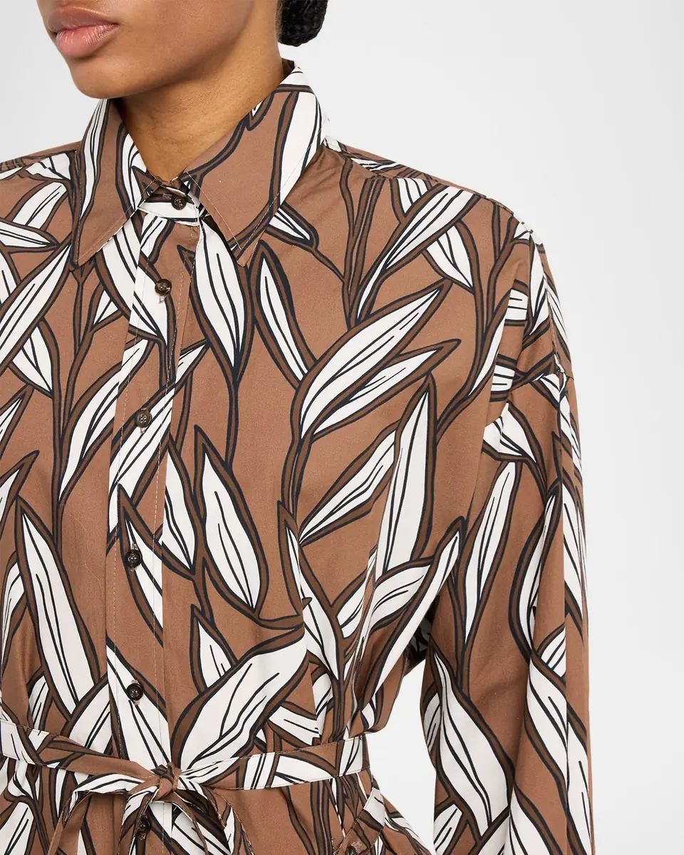 Brunello Cucinelli Collared Long-Sleeve Leaf-Print Cotton Dress | Thumbnail 5 Brunello Cucinelli Collared Long-Sleeve Leaf-Print Cotton Dress | Thumbnail 5