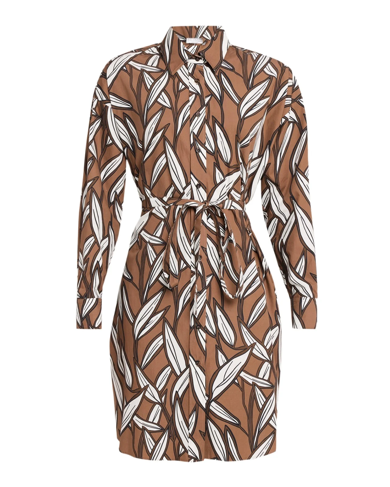 Brunello Cucinelli Collared Long-Sleeve Leaf-Print Cotton Dress