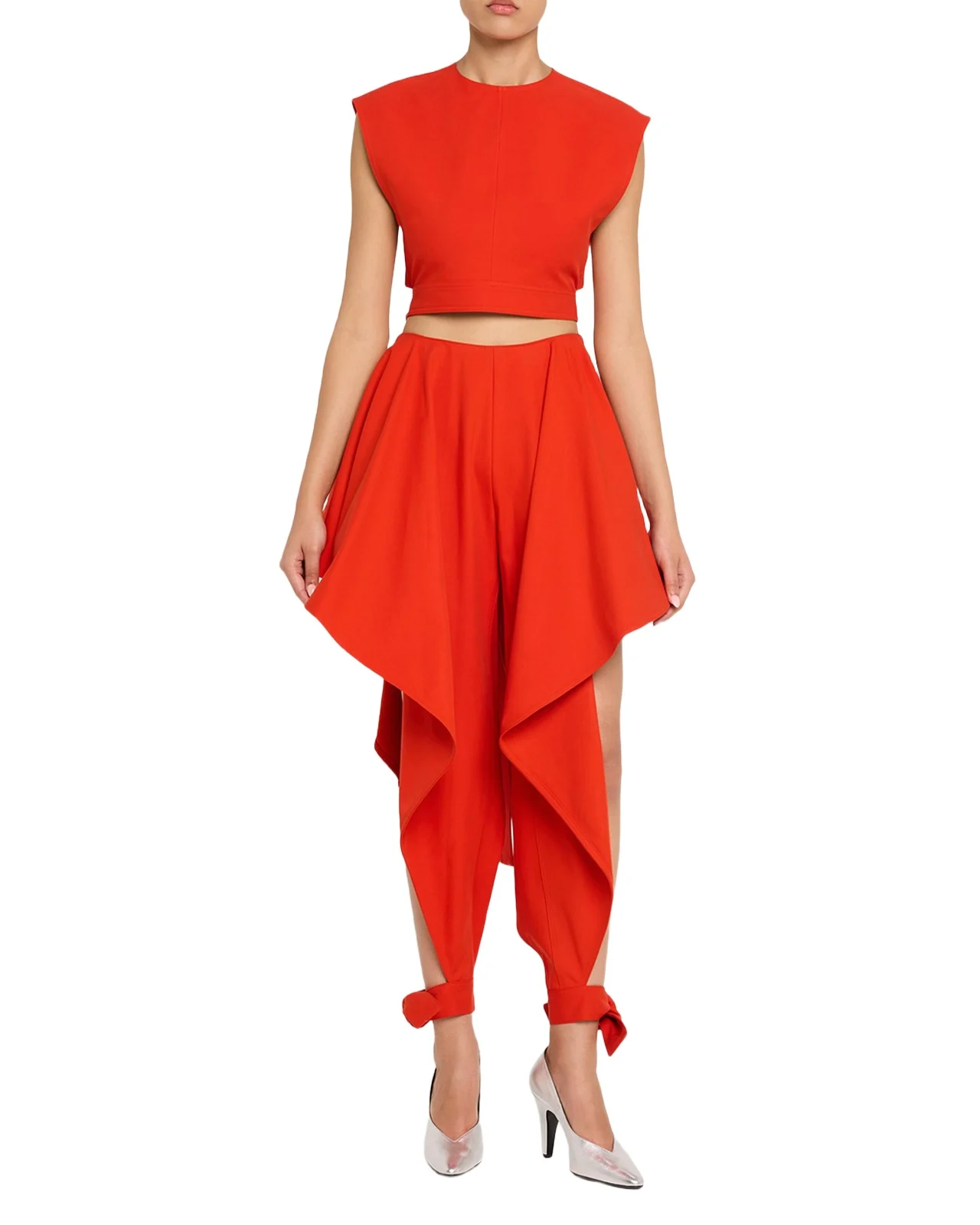 Cap-Sleeve Belted Cotton Gabardine Crop Top