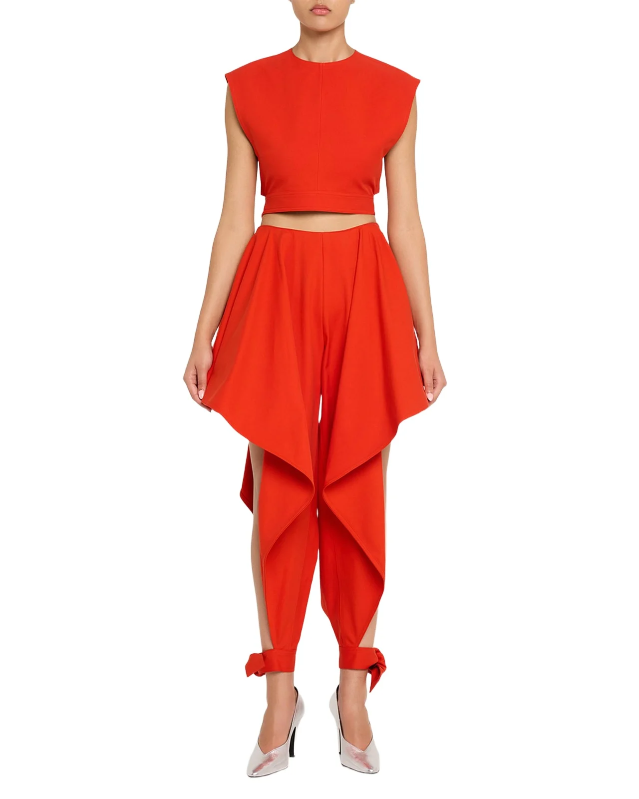Cotton Gabardine Ruffle Paneled Ankle-Tie Pants Cotton Gabardine Ruffle Paneled Ankle-Tie Pants