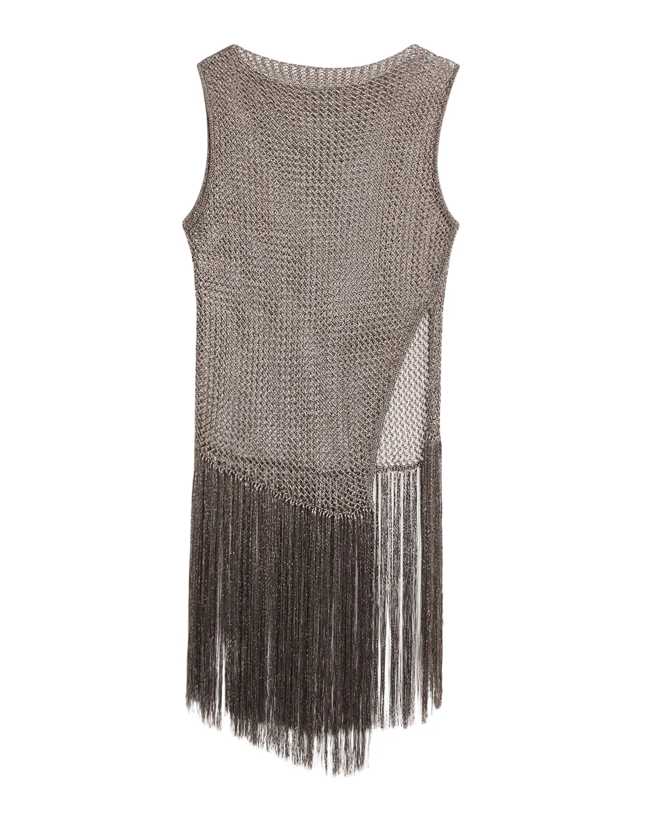 Asymmetric Metallic Net Knit Fringed Tank Top