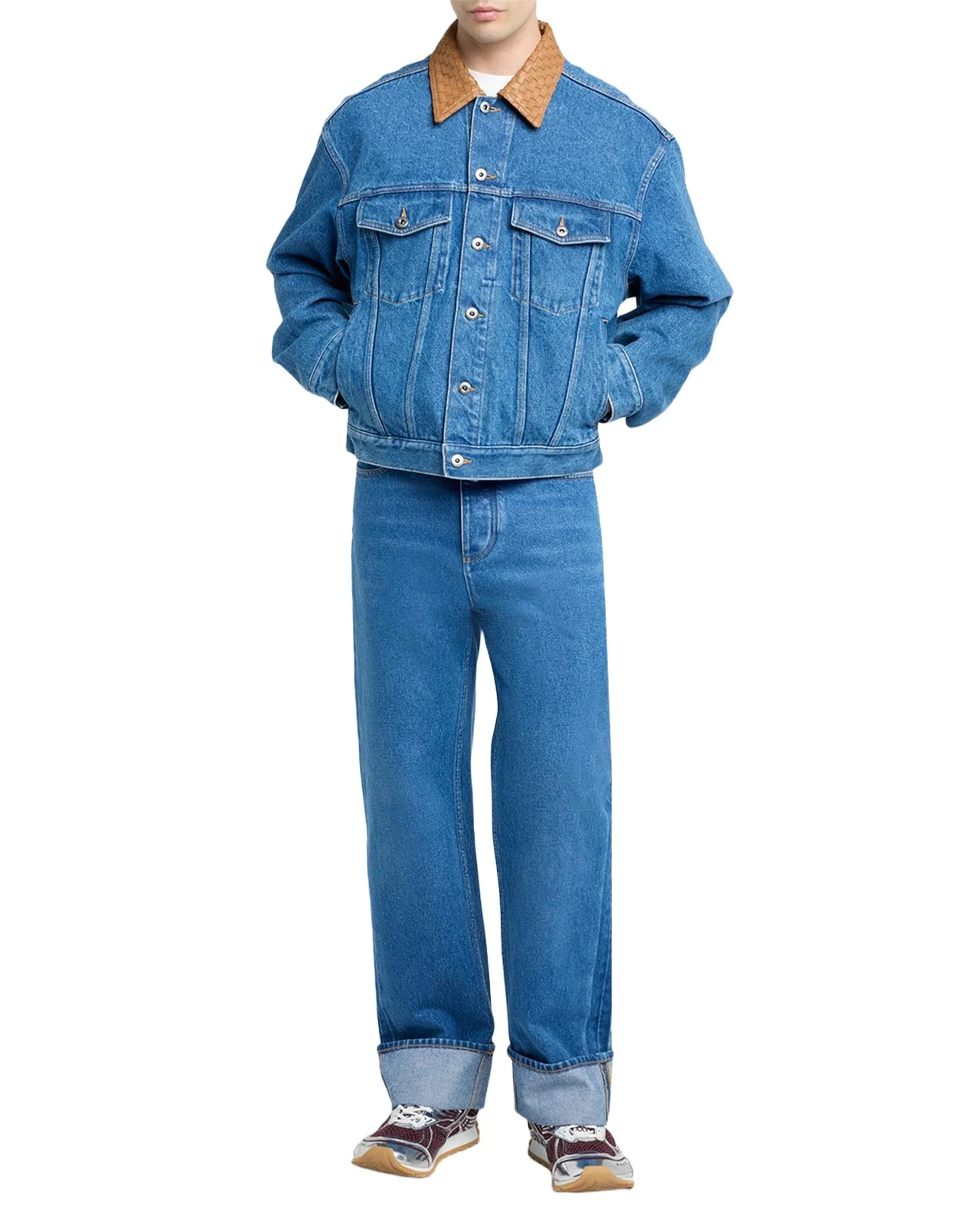 Men's Intrecciato-Leather Collar Denim Jacket