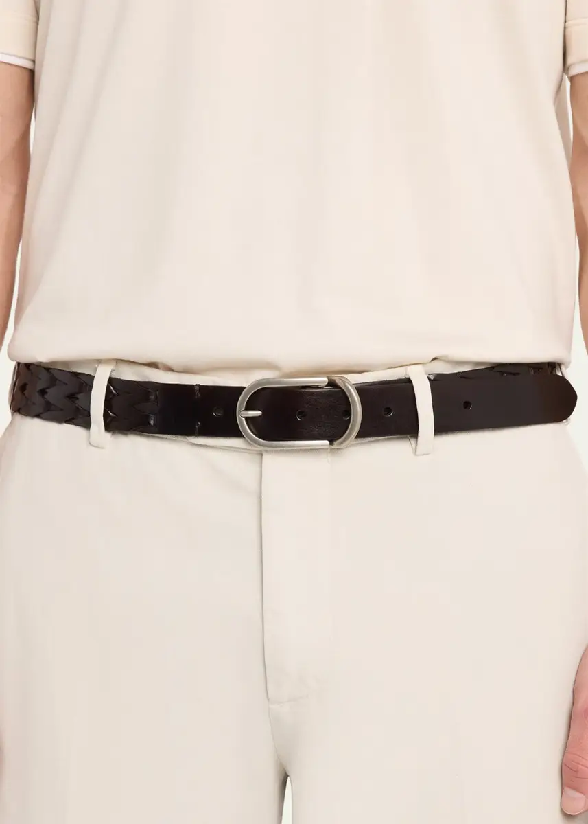 Brunello Cucinelli Men's Braided Smooth Calfskin Round-Buckle Belt | Thumbnail 2 Brunello Cucinelli Men's Braided Smooth Calfskin Round-Buckle Belt | Thumbnail 2