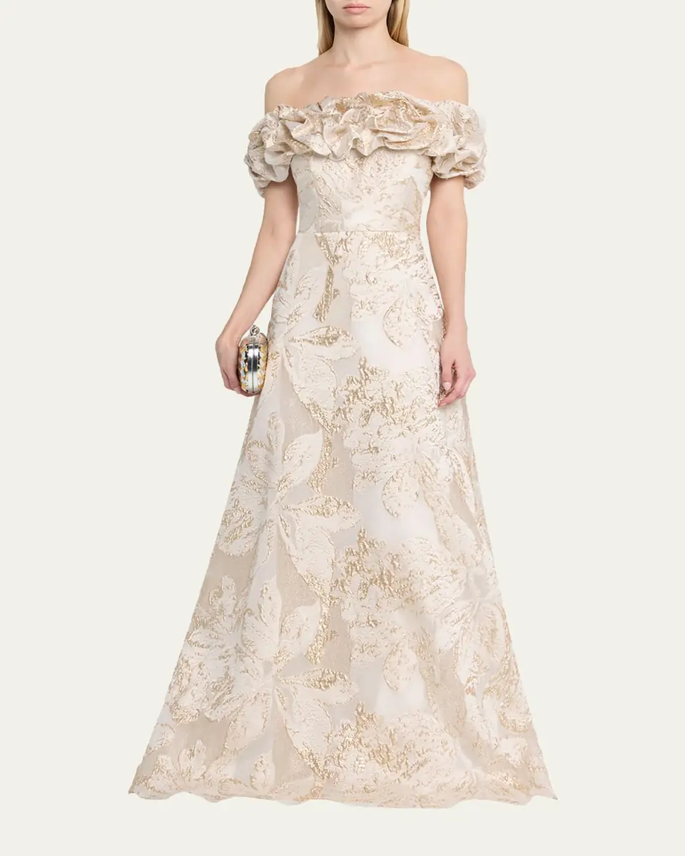 Rickie Freeman for Teri Jon Ruffled Off-Shoulder Metallic Jacquard Gown | Thumbnail 2 Rickie Freeman for Teri Jon Ruffled Off-Shoulder Metallic Jacquard Gown | Thumbnail 2