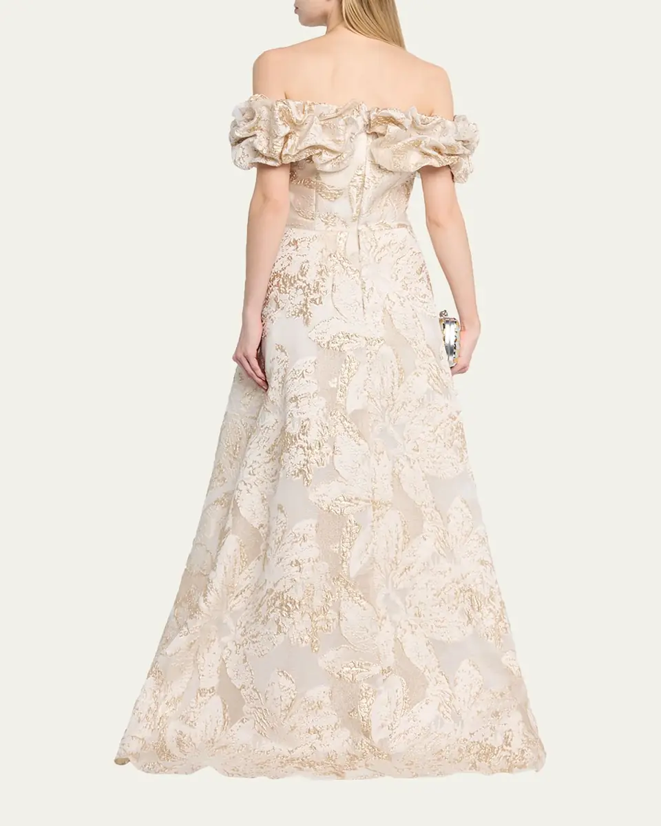 Rickie Freeman for Teri Jon Ruffled Off-Shoulder Metallic Jacquard Gown | Thumbnail 3 Rickie Freeman for Teri Jon Ruffled Off-Shoulder Metallic Jacquard Gown | Thumbnail 3