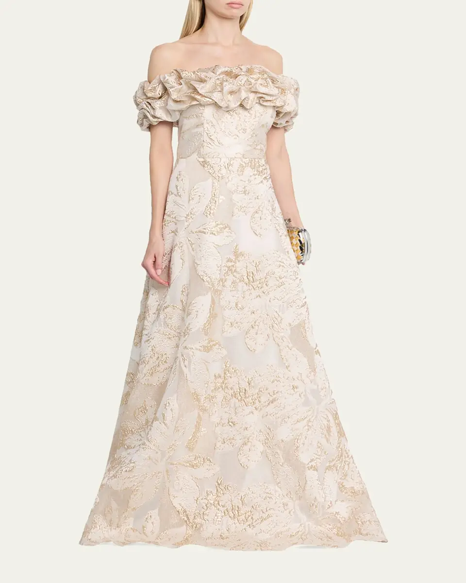 Rickie Freeman for Teri Jon Ruffled Off-Shoulder Metallic Jacquard Gown | Thumbnail 4 Rickie Freeman for Teri Jon Ruffled Off-Shoulder Metallic Jacquard Gown | Thumbnail 4