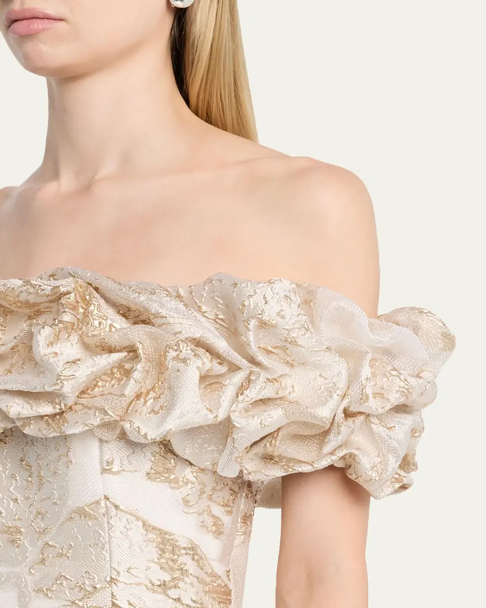 Rickie Freeman for Teri Jon Ruffled Off-Shoulder Metallic Jacquard Gown | Thumbnail 5 Rickie Freeman for Teri Jon Ruffled Off-Shoulder Metallic Jacquard Gown | Thumbnail 5