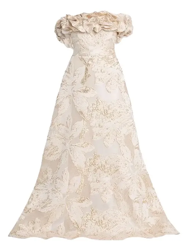 Ruffled Off-Shoulder Metallic Jacquard Gown Ruffled Off-Shoulder Metallic Jacquard Gown
