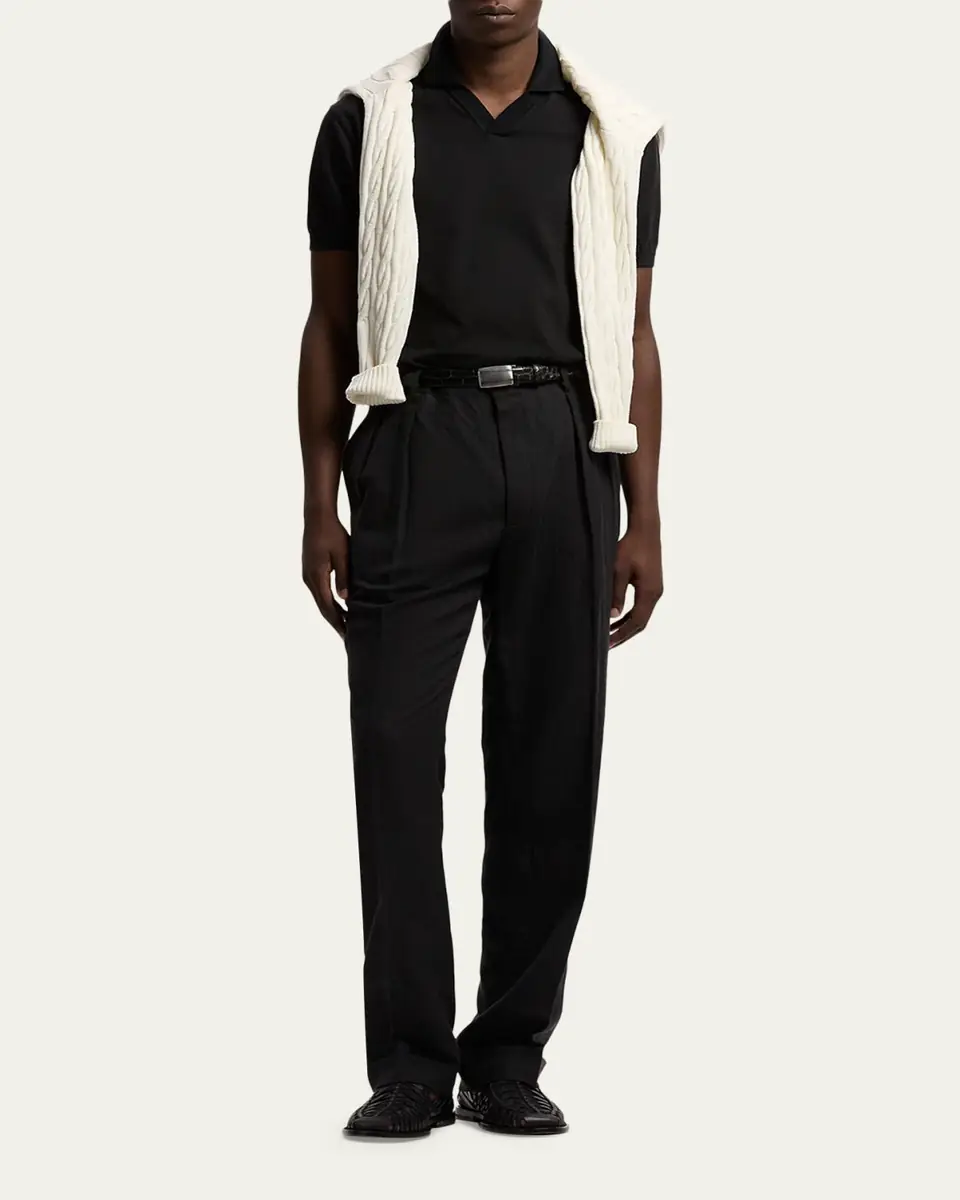 Ralph Lauren Purple Label Men's Silk and Linen Straight-Leg Pleated Trousers | Thumbnail 2