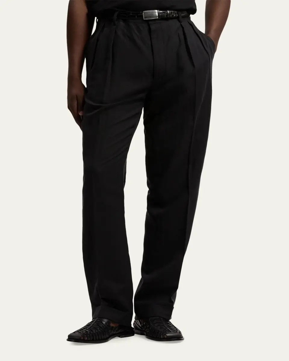 Ralph Lauren Purple Label Men's Silk and Linen Straight-Leg Pleated Trousers | Thumbnail 4