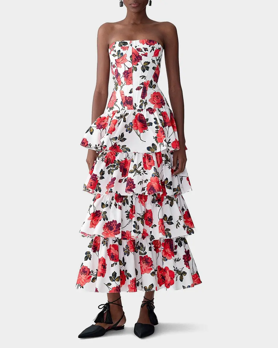 Carolina Herrera Strapless Corset Tiered Ruffle Midi Dress | Thumbnail 2