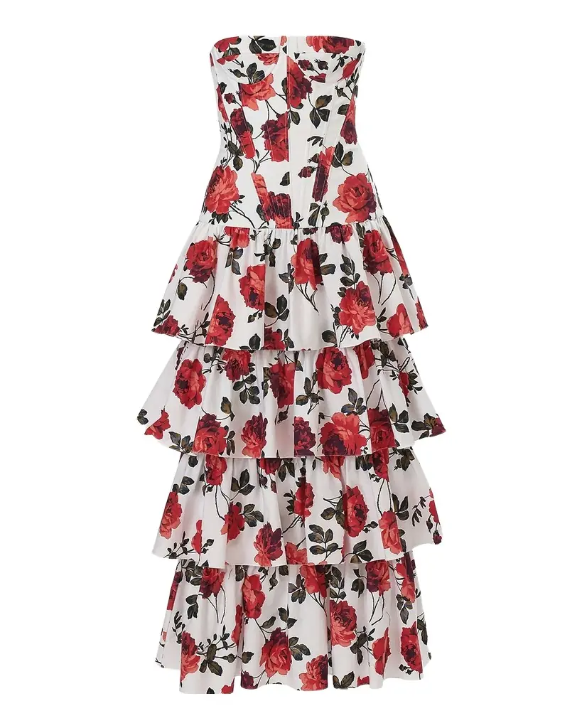 Strapless Corset Tiered Ruffle Midi Dress Strapless Corset Tiered Ruffle Midi Dress