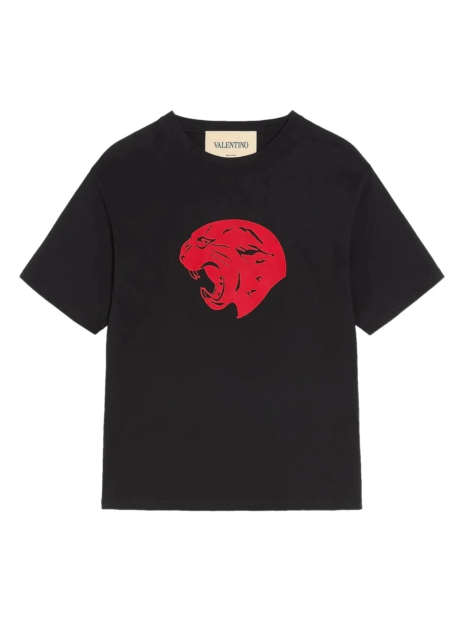 Men's Cotton T-Shirt with Panther Print - Black Red