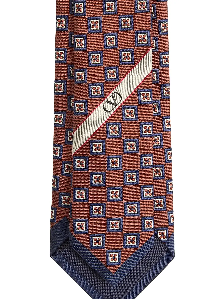 Valentino Men's Silk Jacquard Tie with Geometric Pattern - Orange Blue Ivory | Thumbnail 2 Valentino Men's Silk Jacquard Tie with Geometric Pattern - Orange Blue Ivory | Thumbnail 2