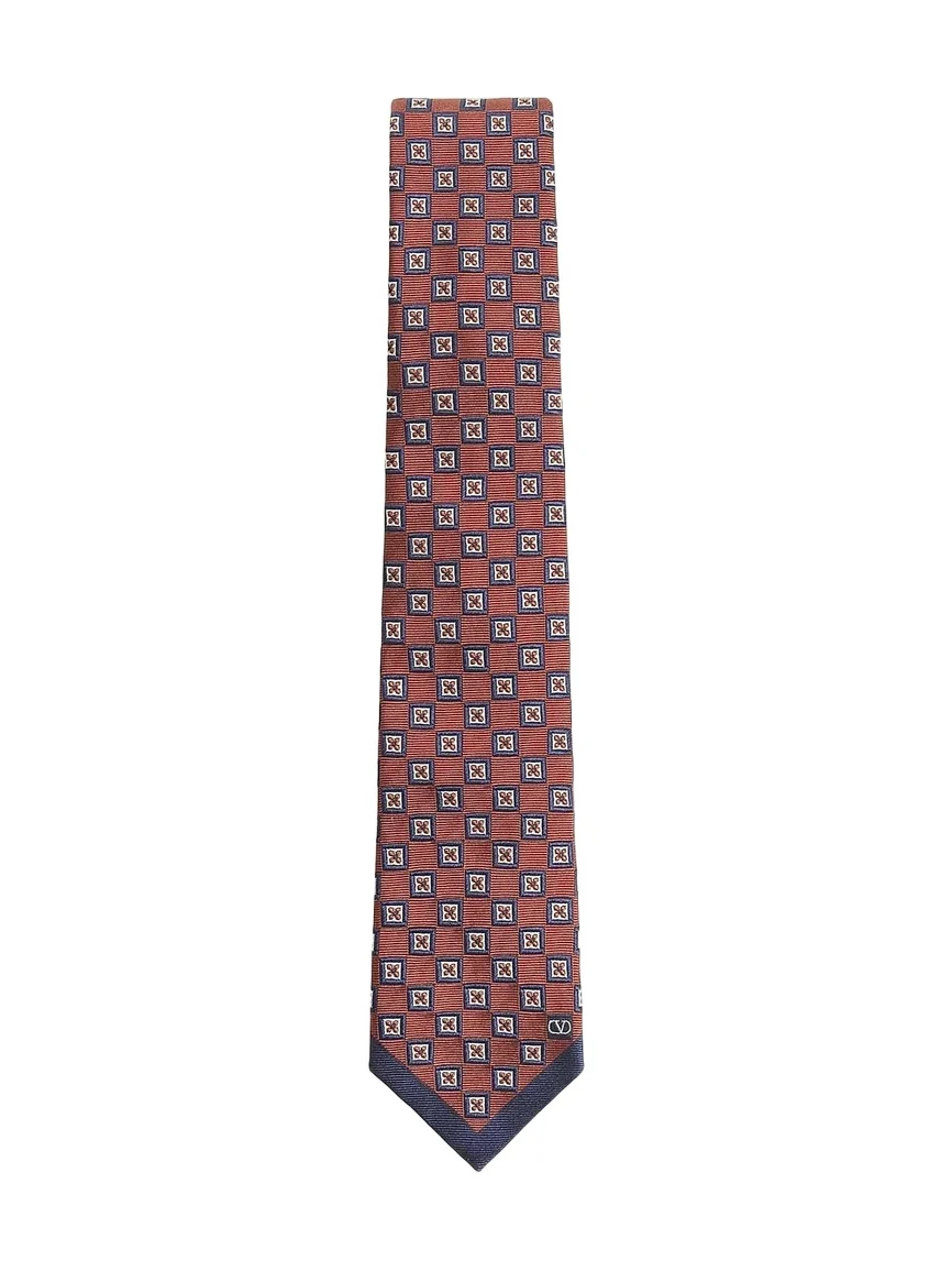 Men's Silk Jacquard Tie with Geometric Pattern - Orange Blue Ivory Men's Silk Jacquard Tie with Geometric Pattern - Orange Blue Ivory