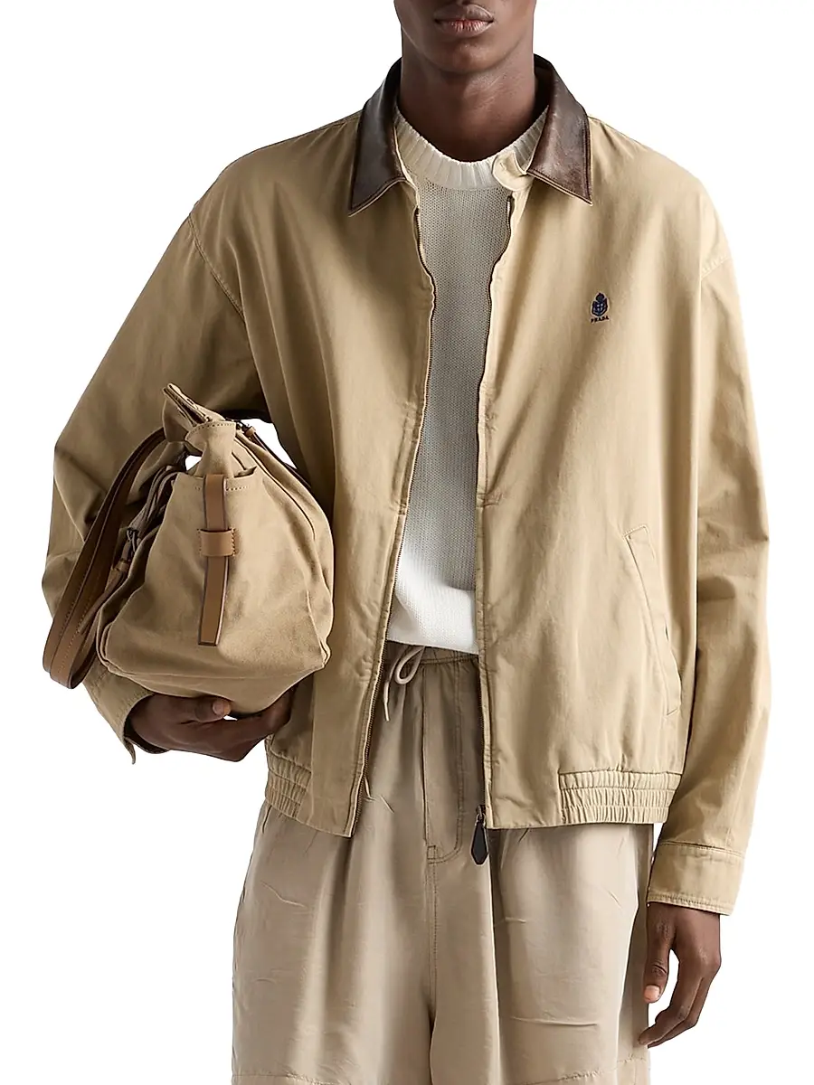 Prada Men's Cotton Jacket with Leather Details - Beige Khaki | Thumbnail 2 Prada Men's Cotton Jacket with Leather Details - Beige Khaki | Thumbnail 2