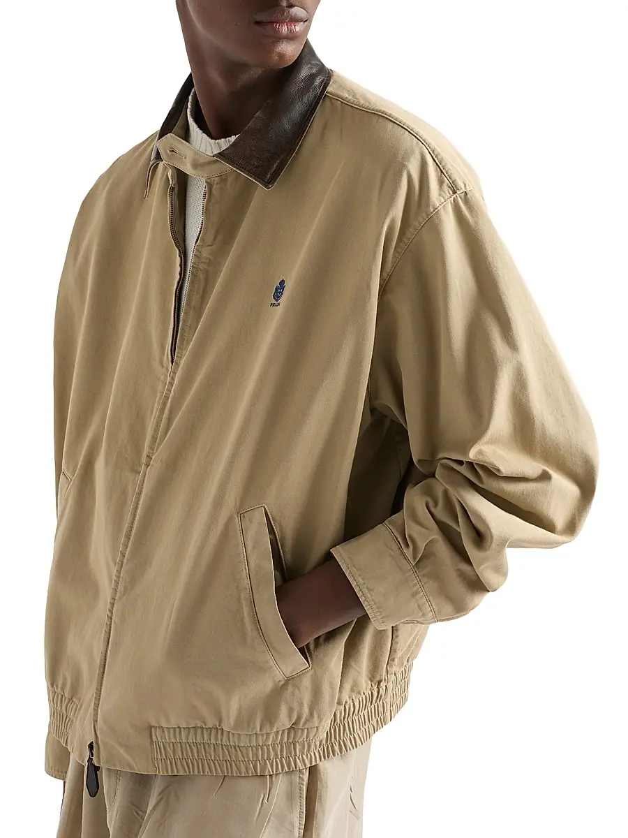 Prada Men's Cotton Jacket with Leather Details - Beige Khaki | Thumbnail 3 Prada Men's Cotton Jacket with Leather Details - Beige Khaki | Thumbnail 3