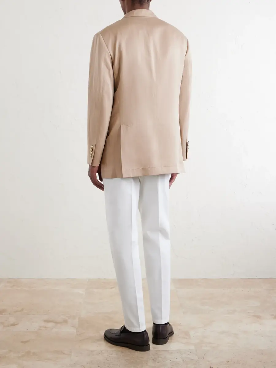 Brunello Cucinelli Double-Breasted Silk and Linen-Blend Twill Blazer - Men | Thumbnail 4