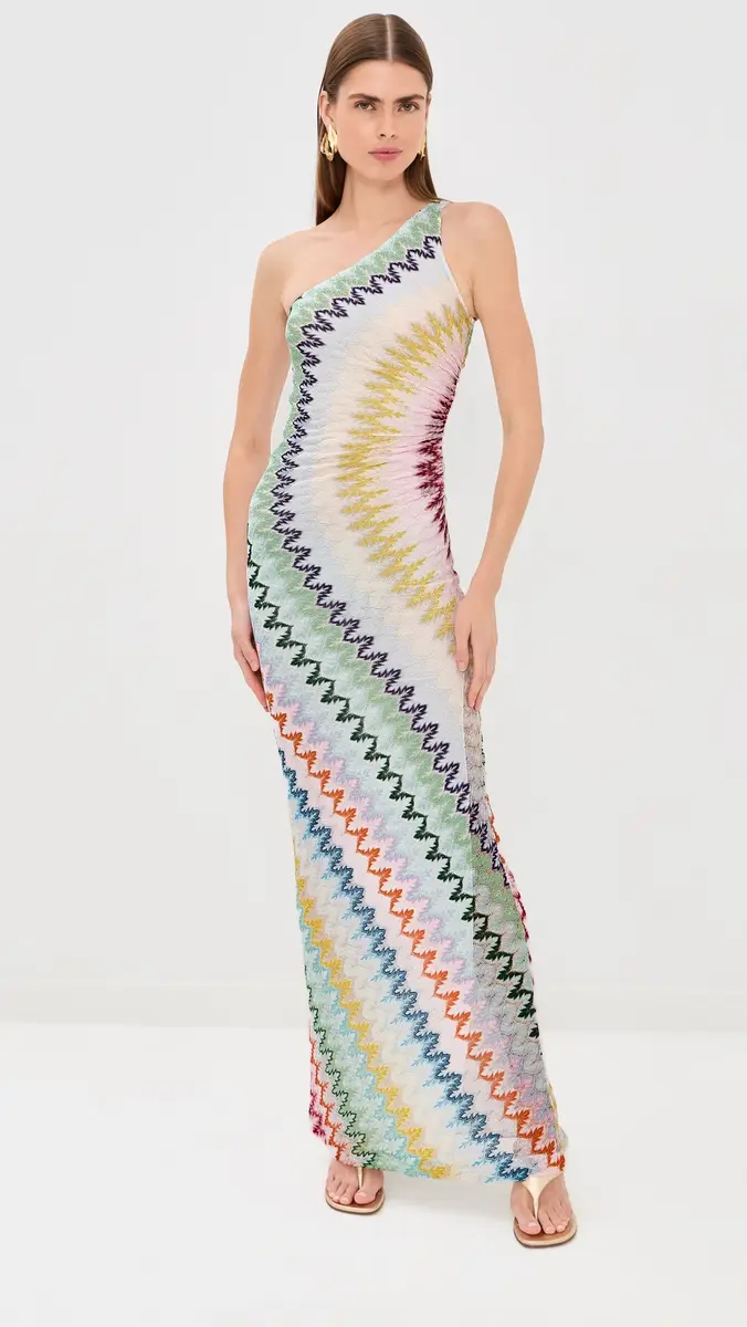 Missoni One Shoulder Long Dress Multicolor On White Base | Thumbnail 2 Missoni One Shoulder Long Dress Multicolor On White Base | Thumbnail 2