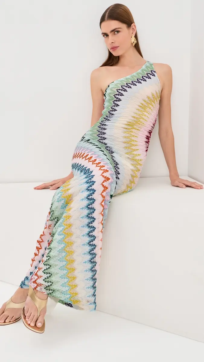 Missoni One Shoulder Long Dress Multicolor On White Base | Thumbnail 5 Missoni One Shoulder Long Dress Multicolor On White Base | Thumbnail 5