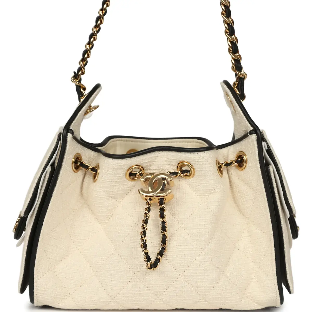 Chanel Chanel Mini 25 Hobo Bag Ecru Canvas and Black Calfskin Gold Hardware | Image 1 Chanel Chanel Mini 25 Hobo Bag Ecru Canvas and Black Calfskin Gold Hardware | Image 1