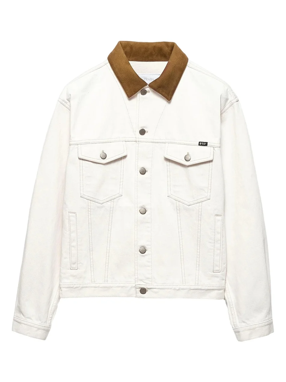 Prada Men's Old Denim Jacket with Leather Details - White