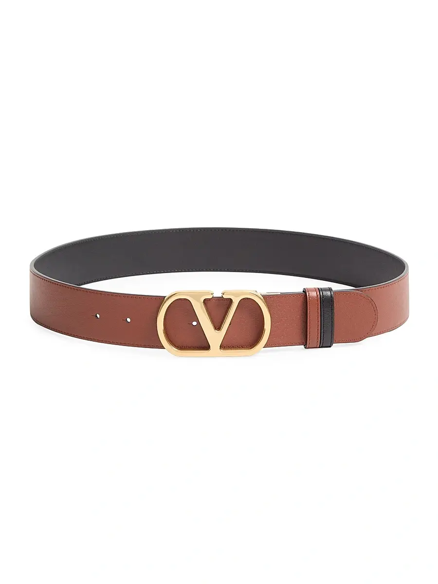 Valentino Women's Reversible VLogo Signature Belt in Glossy Calfskin - Black Deep Caramel | Thumbnail 3