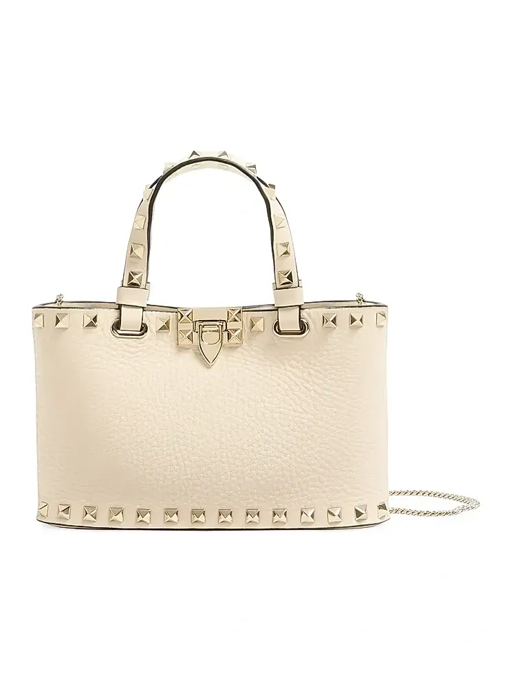 Women's Rockstud Shopping Top Handle Bag in Grainy Calfskin - Light Ivory Women's Rockstud Shopping Top Handle Bag in Grainy Calfskin - Light Ivory