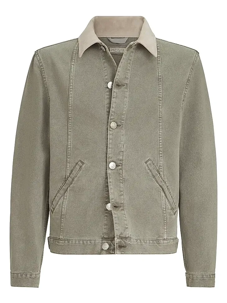 Brunello Cucinelli Men's Garment Dyed Outerwear Jacket in Denim with Leather Collar - Military