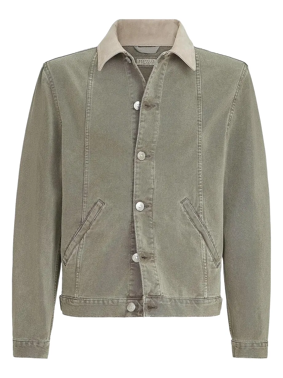 Brunello Cucinelli Men's Garment Dyed Outerwear Jacket in Denim with Leather Collar - Military