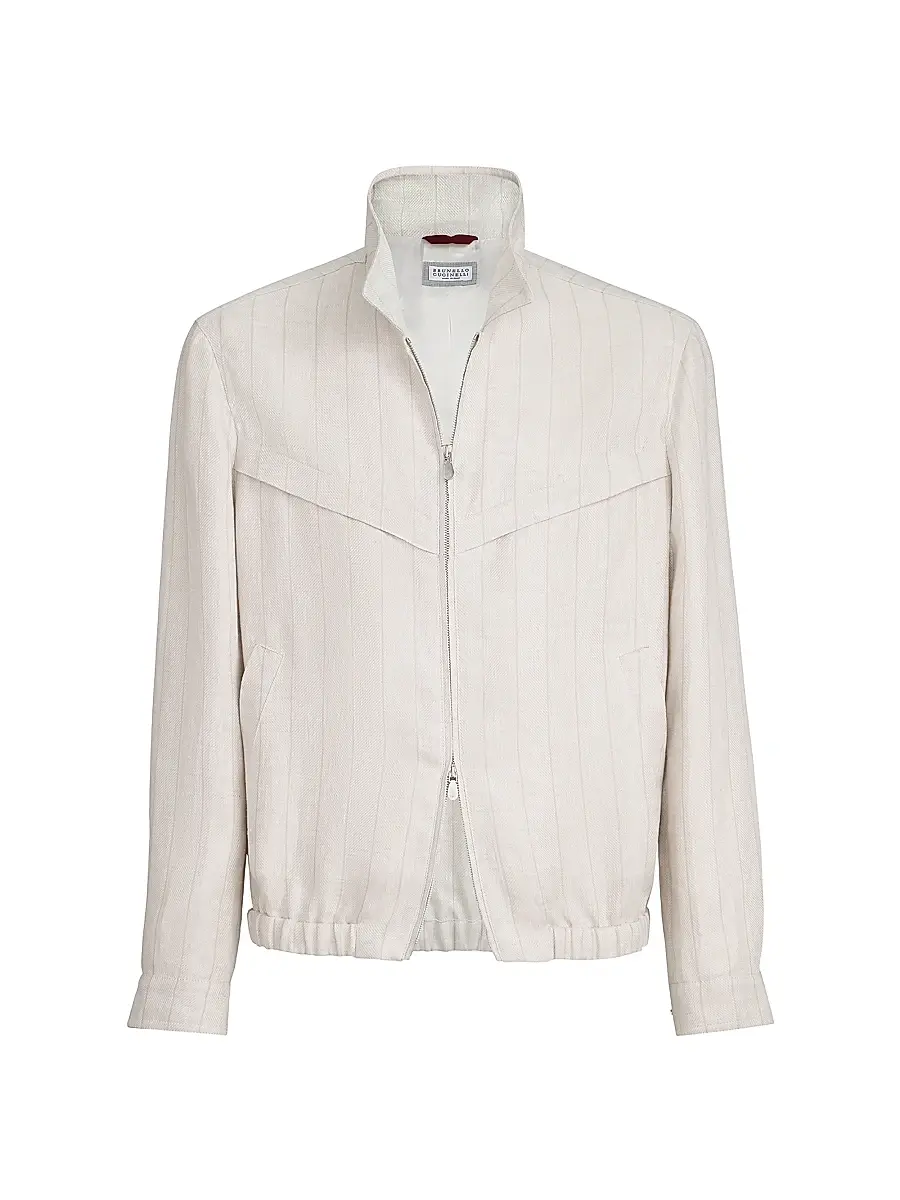Brunello Cucinelli Men's Linen Chalk Stripe Chevron Outerwear Jacket | Image 1 Brunello Cucinelli Men's Linen Chalk Stripe Chevron Outerwear Jacket | Image 1