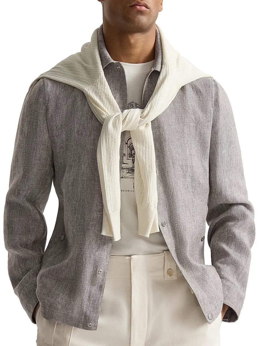 Brunello Cucinelli Men's Linen and Hemp Diagonal Outerwear Jacket | Thumbnail 4 Brunello Cucinelli Men's Linen and Hemp Diagonal Outerwear Jacket | Thumbnail 4