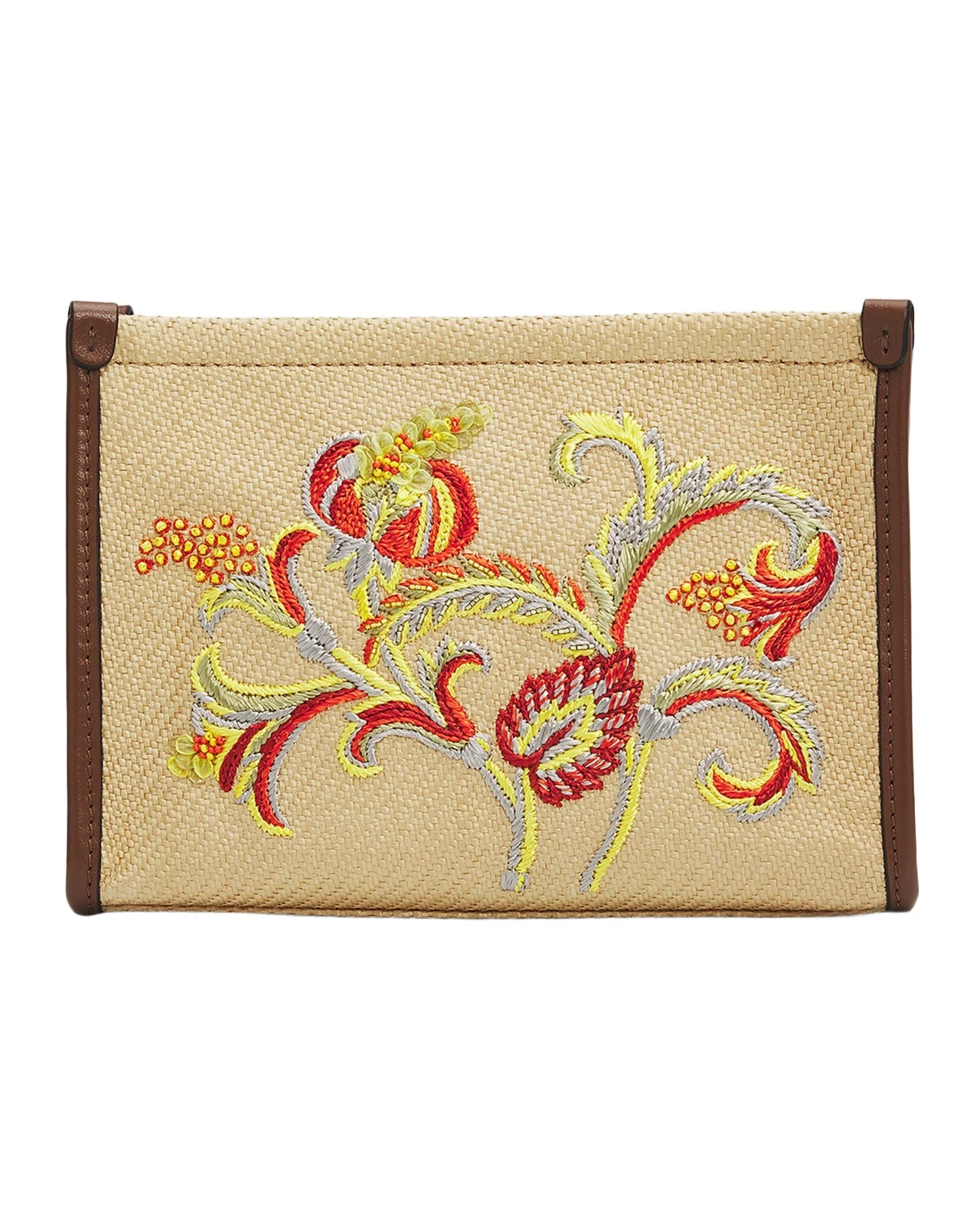 Floral Embroidered Raffia Crossbody Clutch