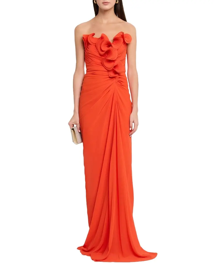 Badgley Mischka Strapless Ruched Georgette Gown | Image 1 Badgley Mischka Strapless Ruched Georgette Gown | Image 1
