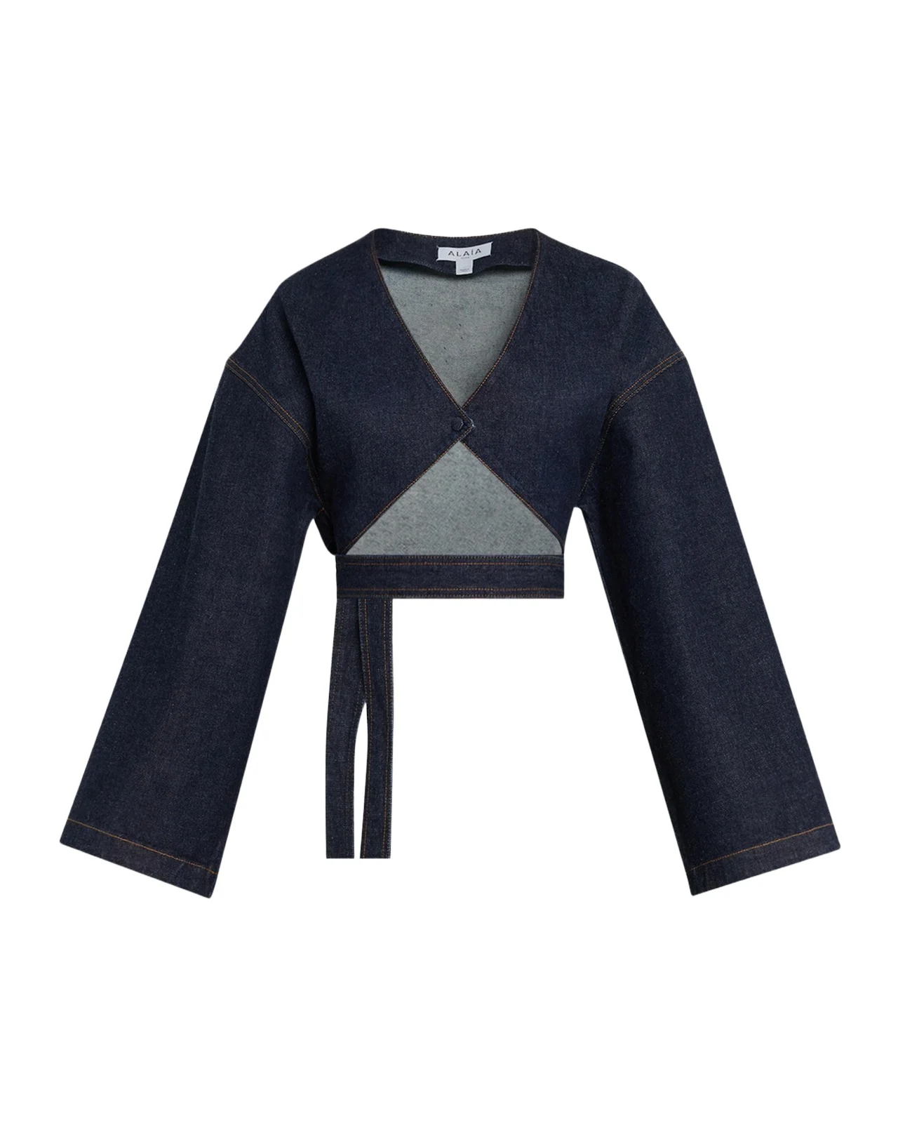 Long-Sleeve Denim Crop Wrap Top