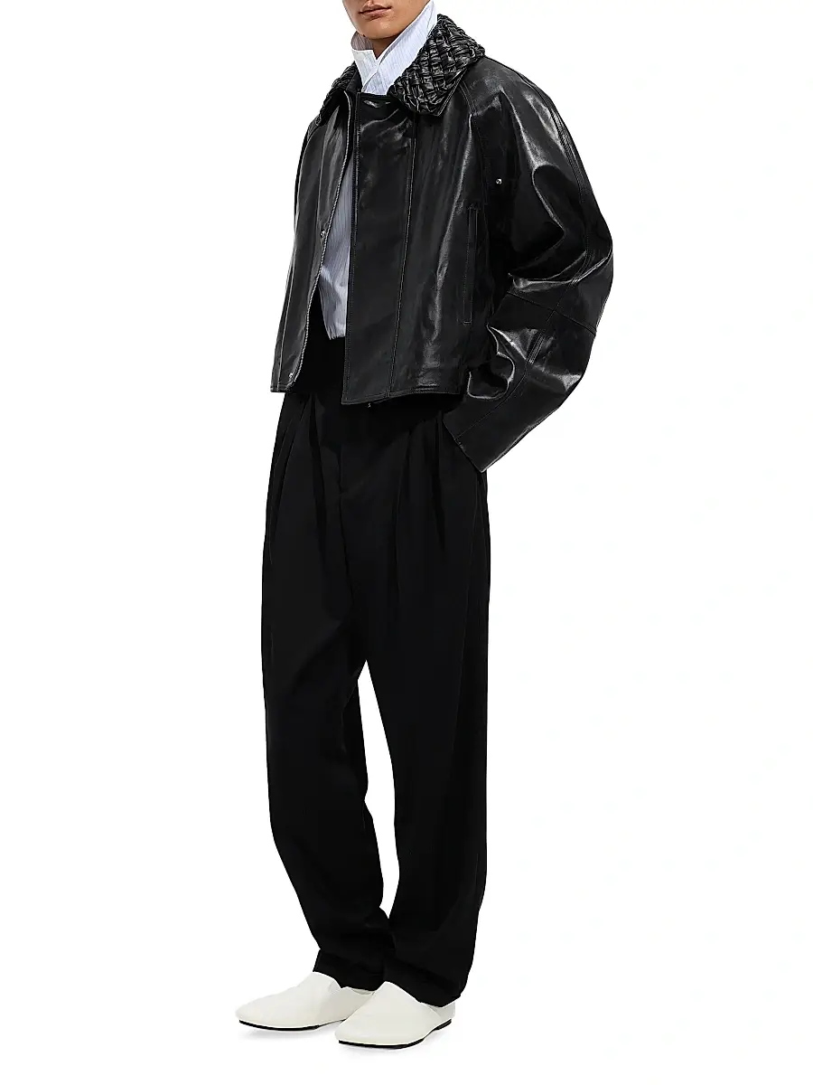 Bottega Veneta Men's Crackled Intrecciato Collar Leather Jacket - Black | Thumbnail 2