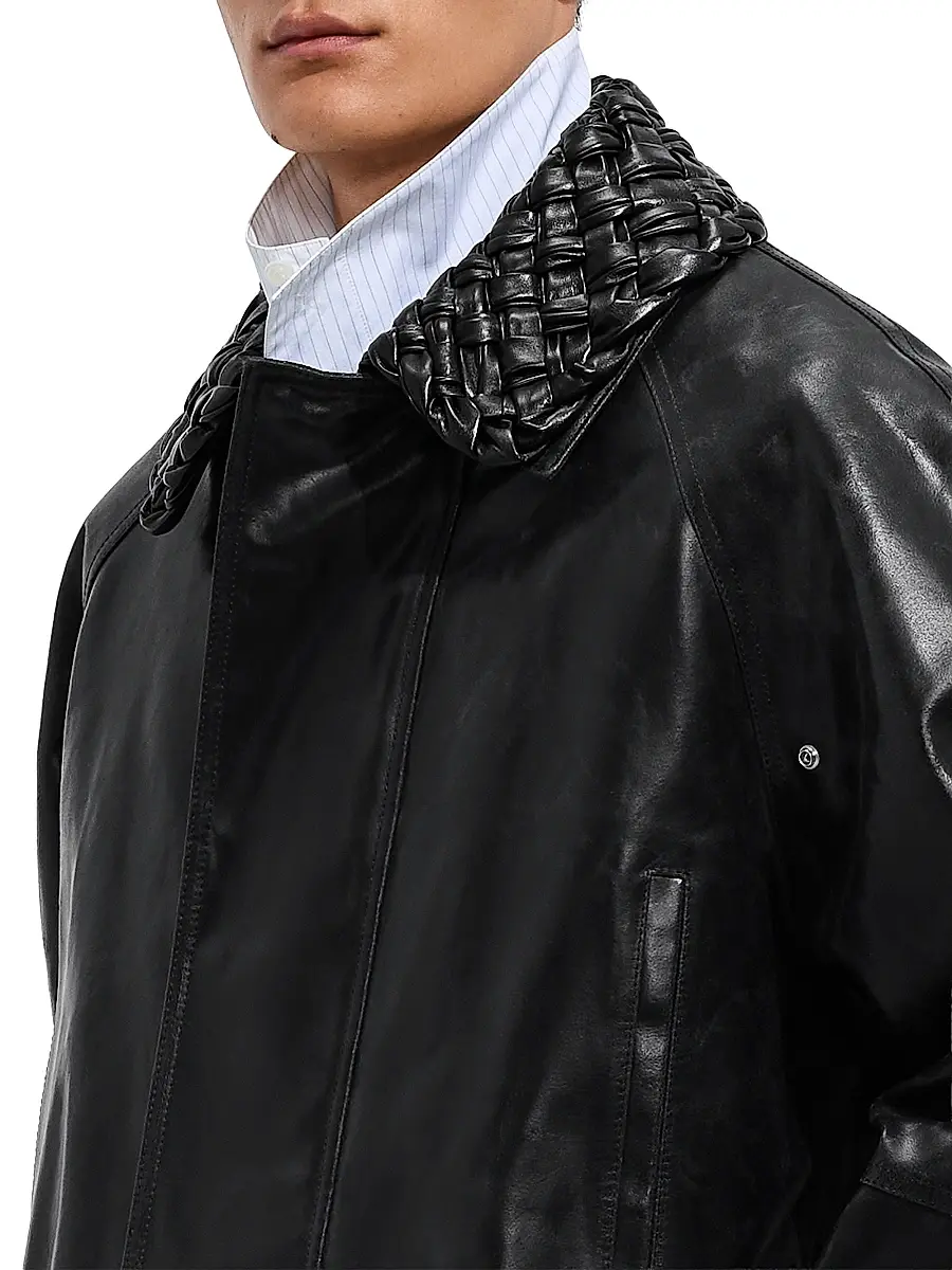 Bottega Veneta Men's Crackled Intrecciato Collar Leather Jacket - Black | Thumbnail 3