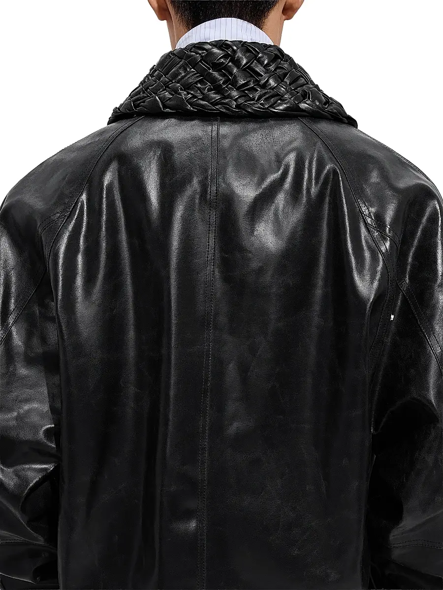 Bottega Veneta Men's Crackled Intrecciato Collar Leather Jacket - Black | Thumbnail 4