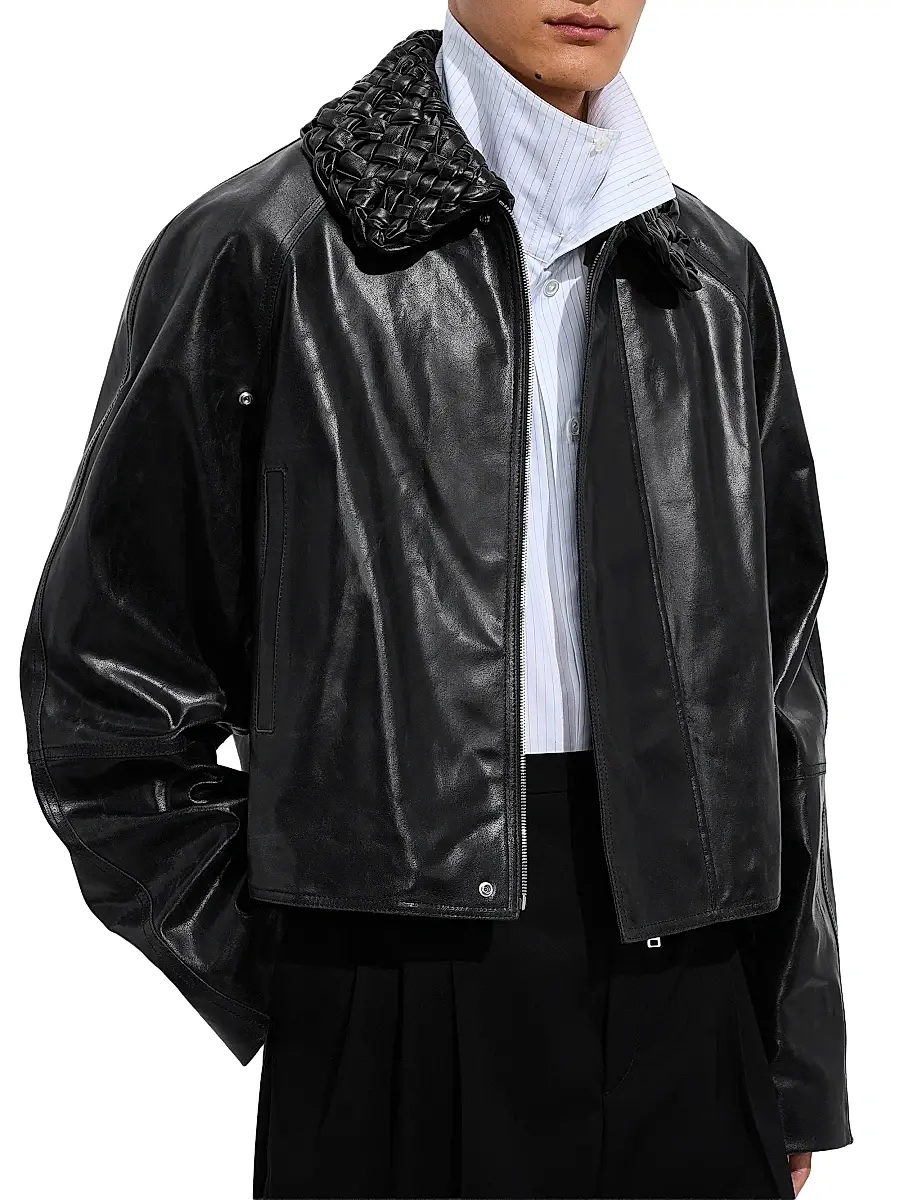 Bottega Veneta Men's Crackled Intrecciato Collar Leather Jacket - Black | Image 1 Bottega Veneta Men's Crackled Intrecciato Collar Leather Jacket - Black | Image 1