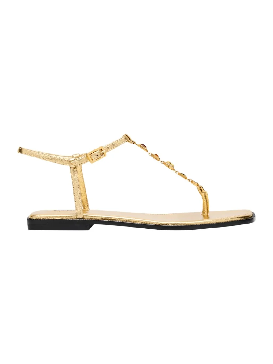 Embellished Metallic Leather Flat Sandals