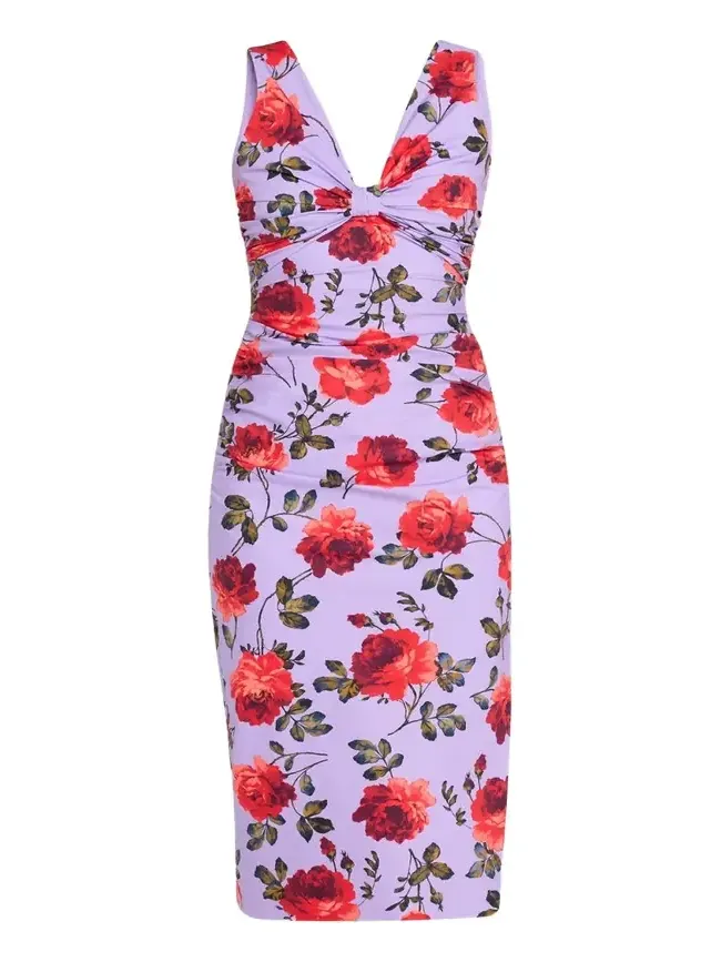 Rose-Print Gathered Silk Sleeveless Dress