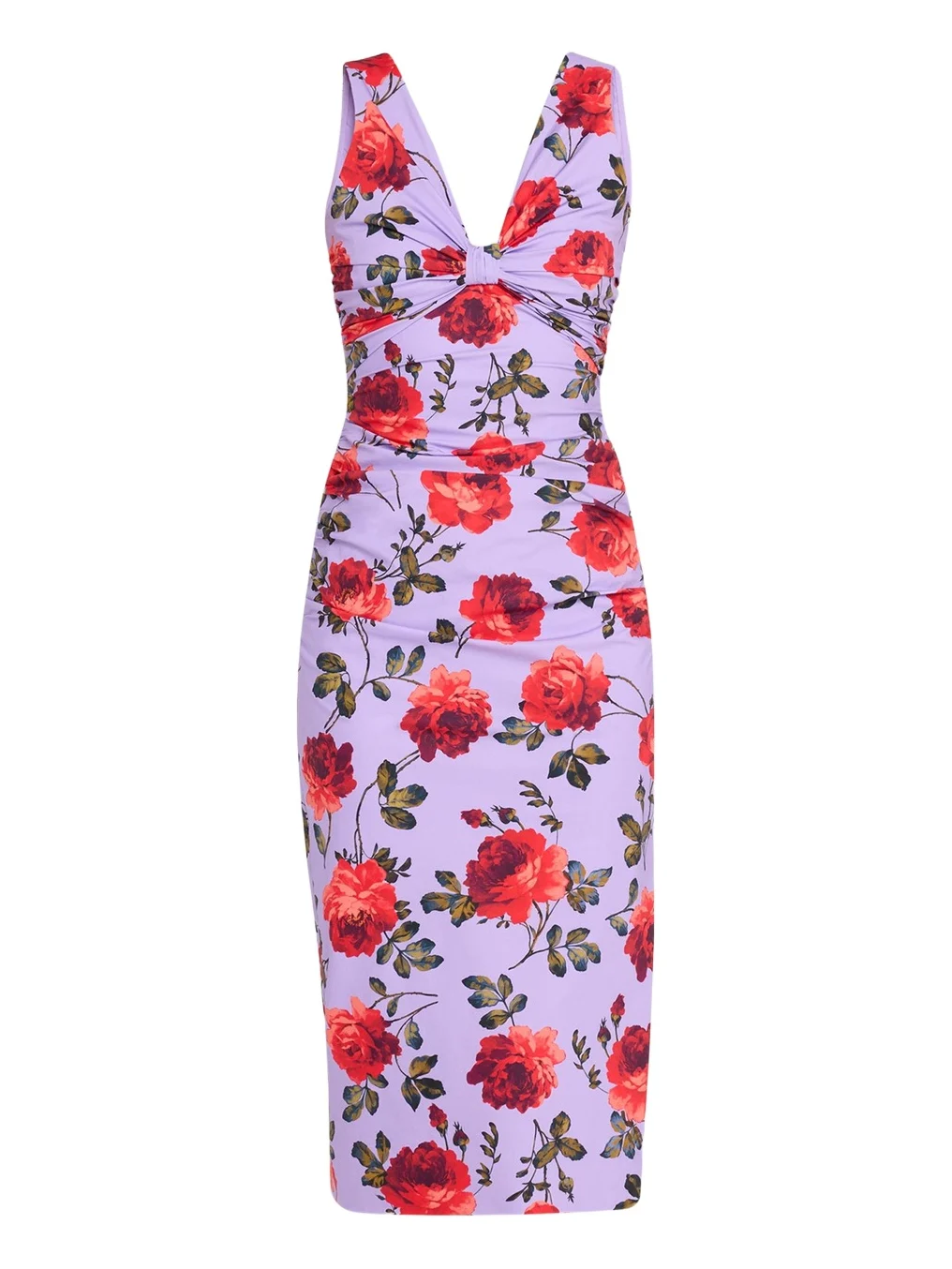 Carolina Herrera Rose-Print Gathered Silk Sleeveless Dress