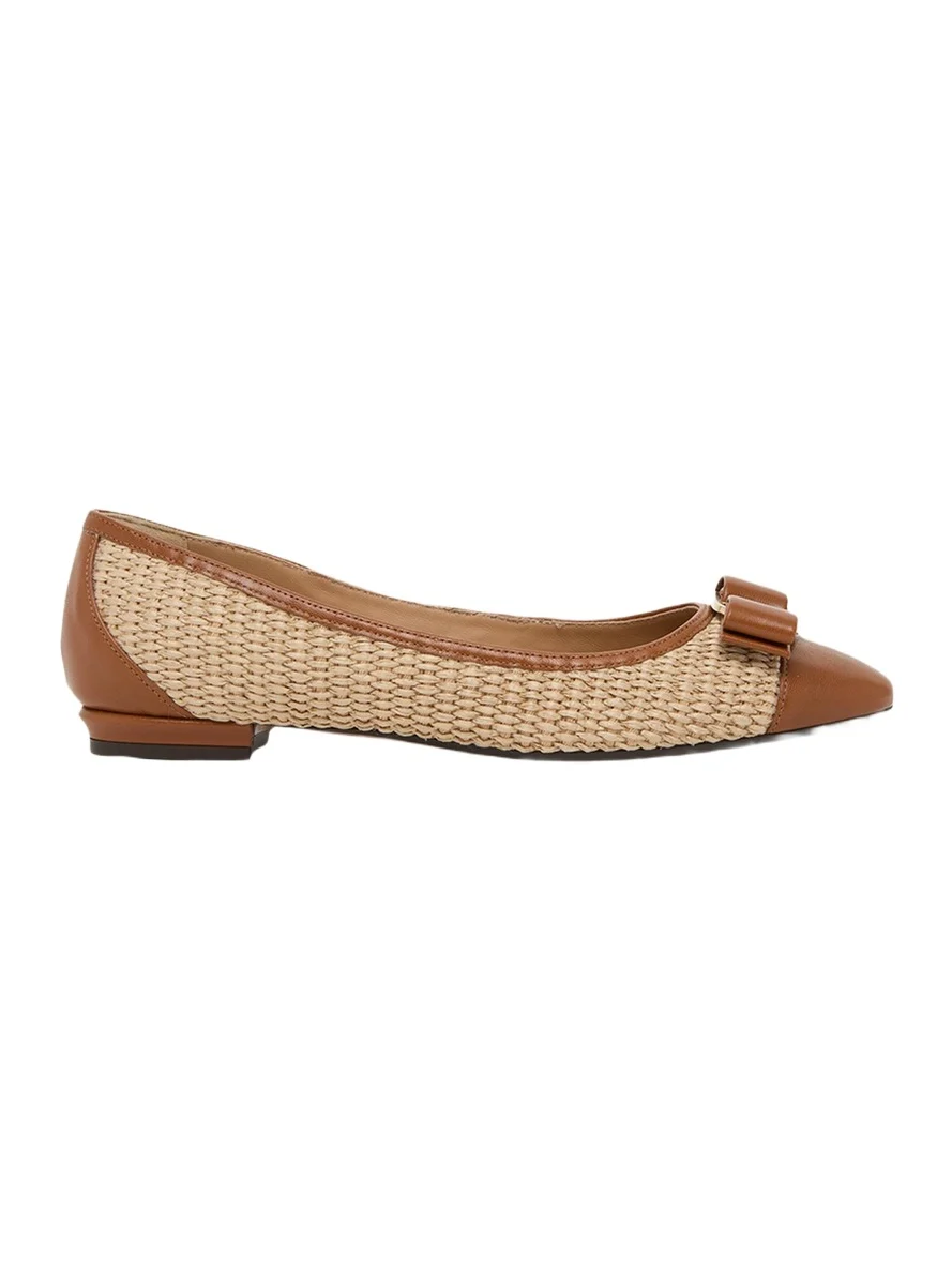 Ferragamo Varina Raffia and Leather Ballerina Flats